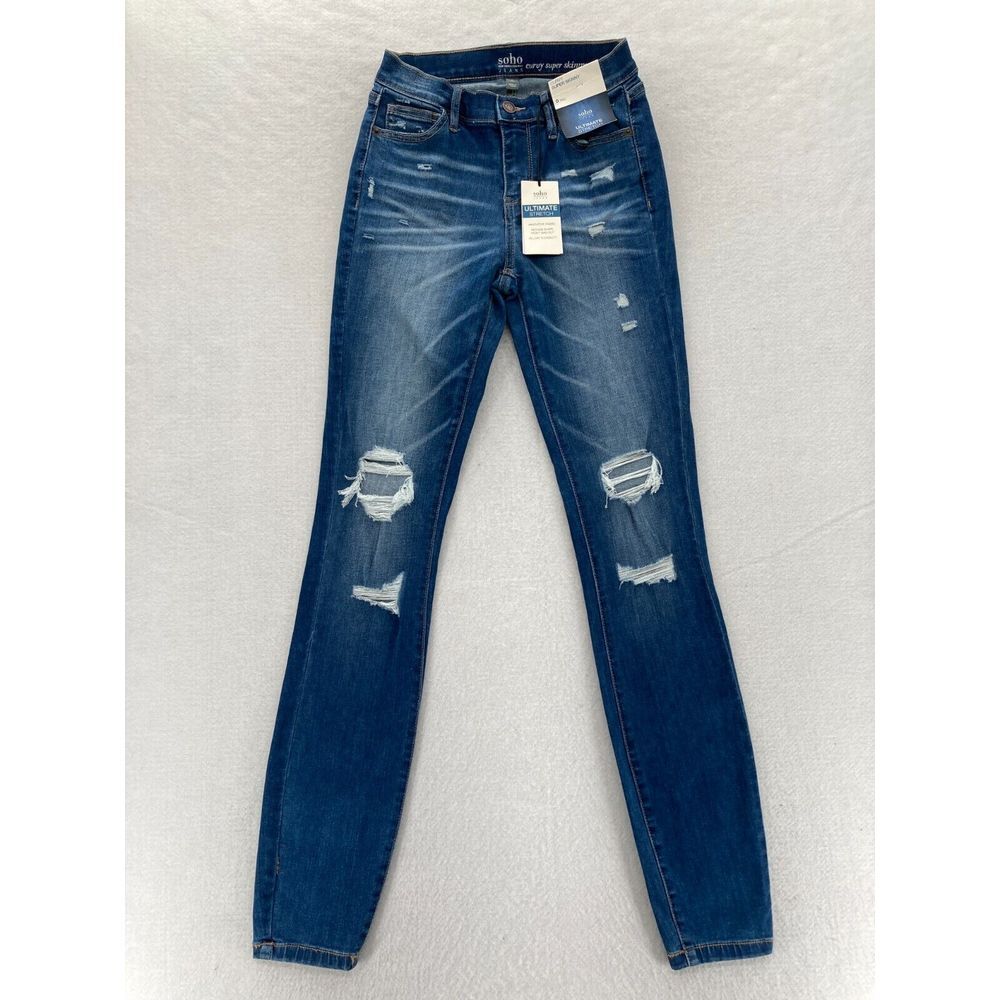 NY&C Jeans Women's 0 Tall SOHO Curvy Super Skinny Medium‎ Wash Distressed Denim